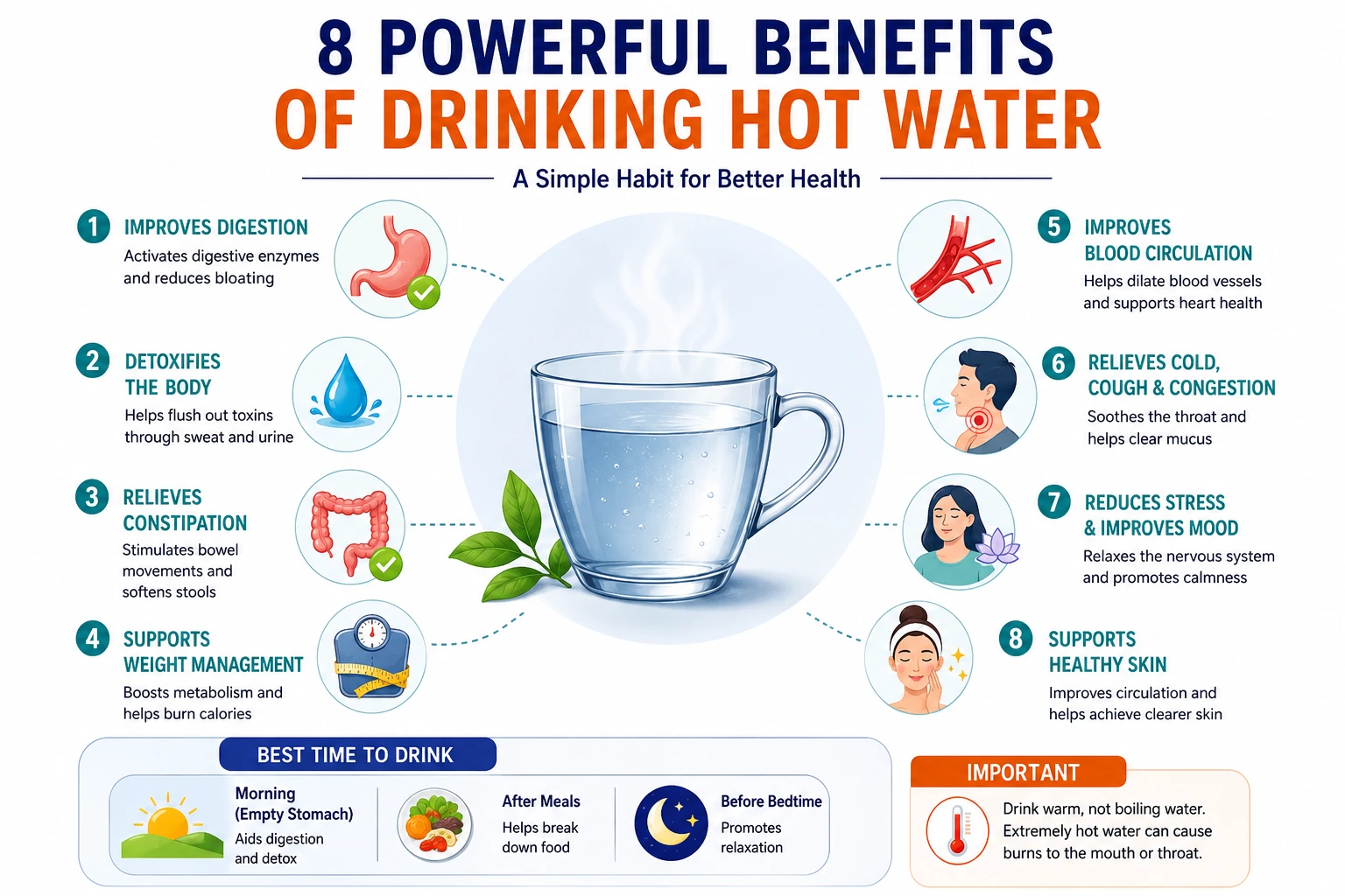 Infographic showing the benefits of drinking warm water including digestion, hydration, circulation, constipation relief, and relaxation