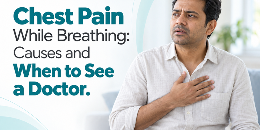 Lungs illustration with a highlighted chest pain point and heartbeat line for the guide "Chest pain while breathing"